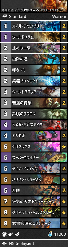 悪党同盟 レジェンド27位 Rase S コントロールウォリアー Beerbrick Hearthstone